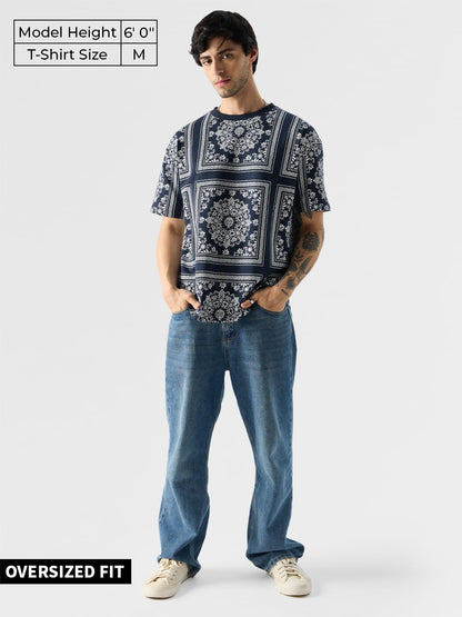 The Souled Store Fusion Bandana Men and Boys Short Sleeve Round Neck Blue All Over Print 100% Cotton Oversized Fit T-Shirts Over
