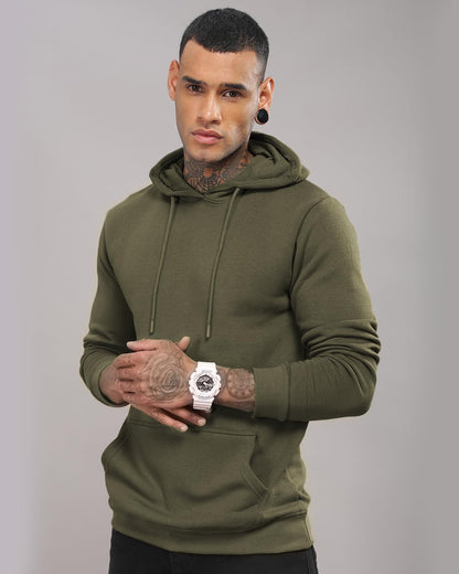 ADRO Men's Cotton Neck Hooded Sweatshirt (H24-M-PLN-OL_Olive