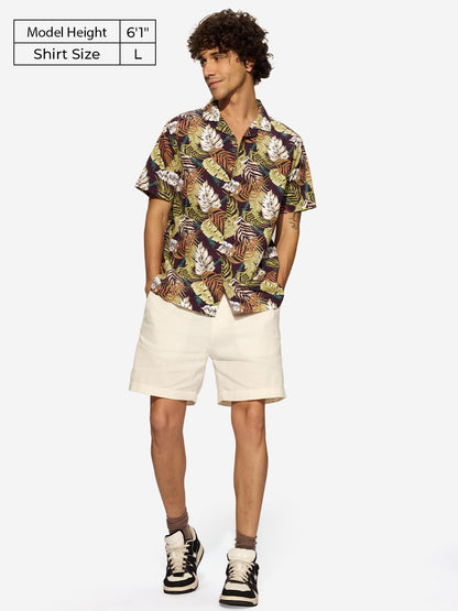 The Souled Store Just Leafy Men and Boys Short Sleeves Collared Neck Button Front Multicolor All Over Printed Cotton Holiday Shi