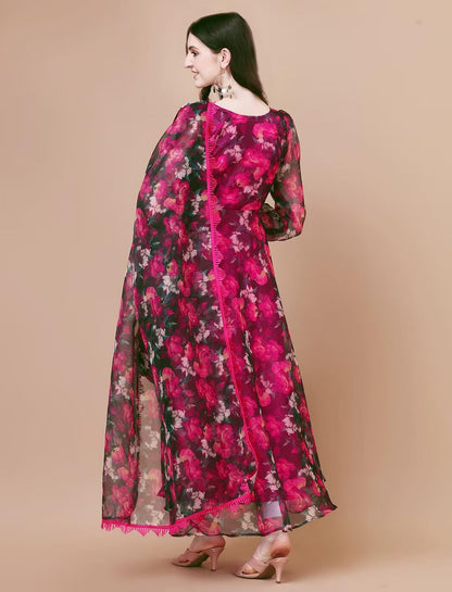Fashion Basket Women Floral Print V Neck Anarkali Kurta with Pant and Dupatta