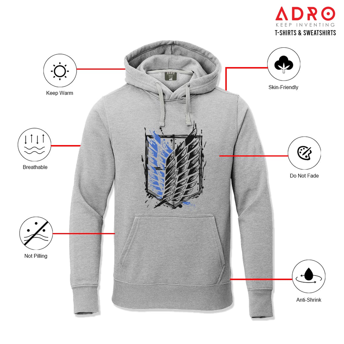 ADRO Men's Cotton Neck Hooded Sweatshirt (H22-M-AR2-GR_Grey)