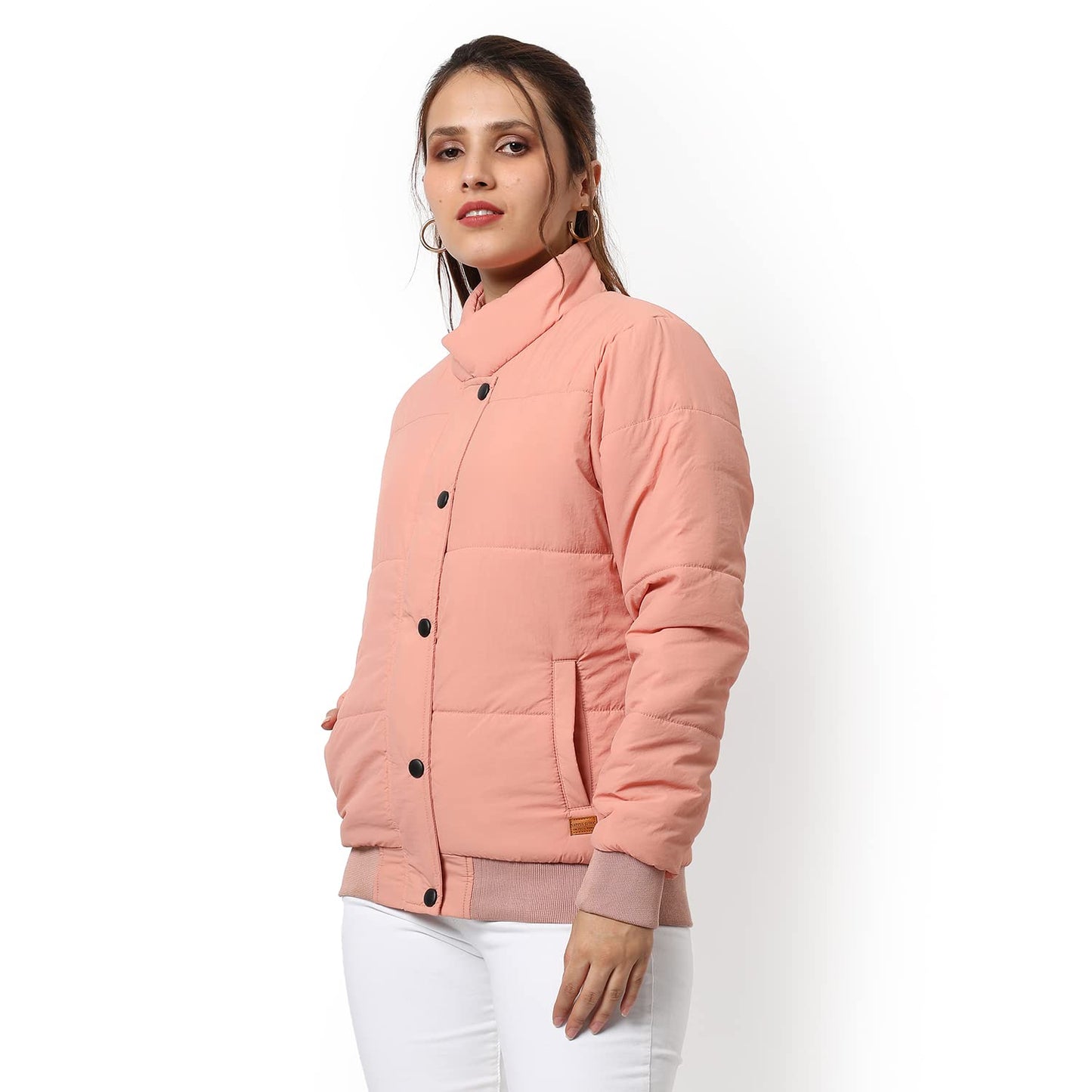 Campus Sutra Women Peach Pink Puffer Regular Fit Bomber Jacket For Winter Wear | Standing Collar | Full Sleeve | Buttoned | Casu