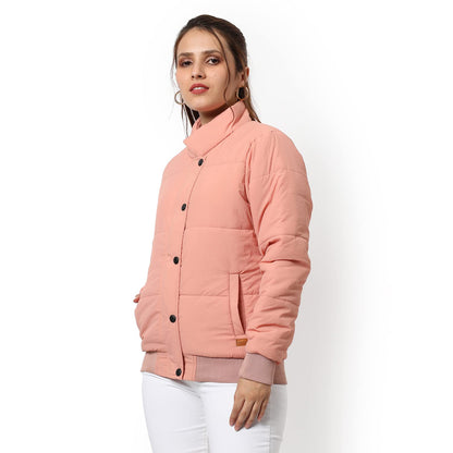 Campus Sutra Women Peach Pink Puffer Regular Fit Bomber Jacket For Winter Wear | Standing Collar | Full Sleeve | Buttoned | Casu