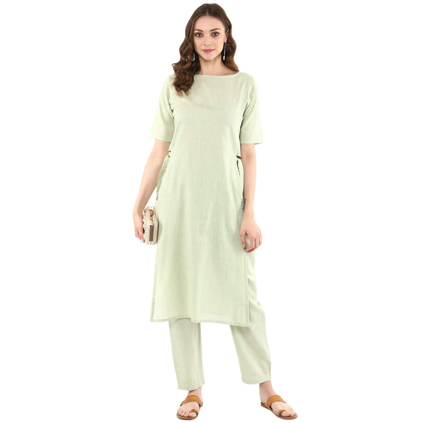 Idalia Sage Green Solid Straight Kurta Set For Women 3/4 Sleeve, Round V Neck Designer Kurta With Pant
