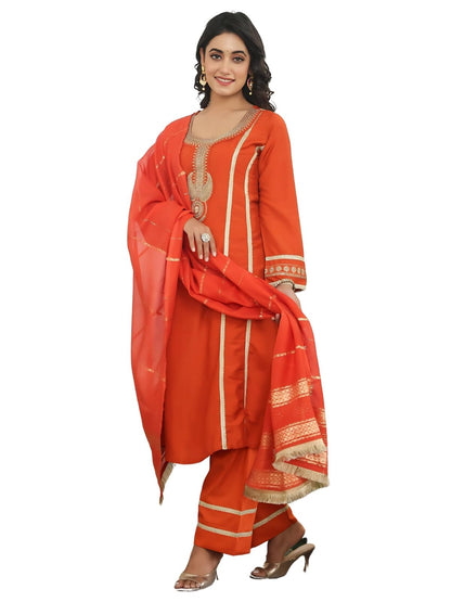 Greciilooks Elegant Orange Chanderi Silk Straight Suit Set For Women With Embroidered Kurta, Pants & Dupatta, Festive & Ethnic W