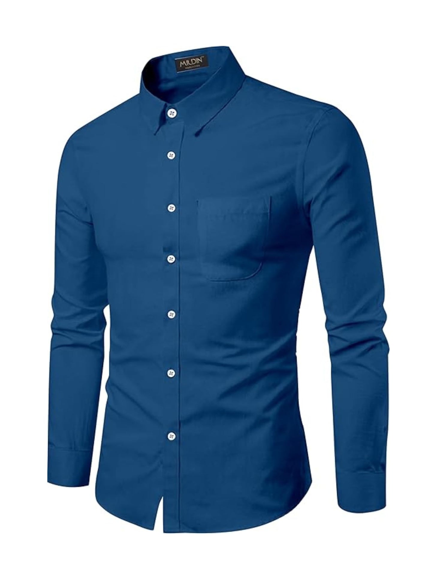 Mildin MenS Regular Cotton Blend Blue Slim Fit Solid Button Down Spread Collar Full Sleeve Curved Hemline Formal Shirt With One