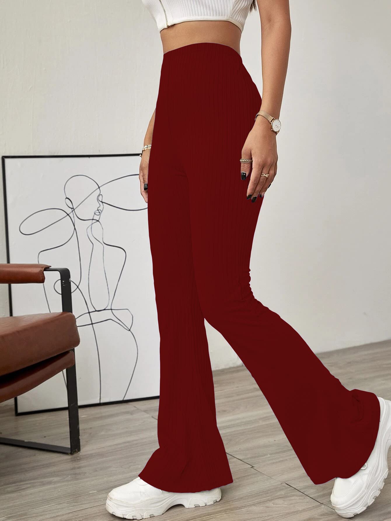Shasmi Maroon Womens Yoga Dress Pants Stretchy Work Slacks Business Casual Office Flare Bell-Bottom/Boot-Cut Elastic Waist Regu