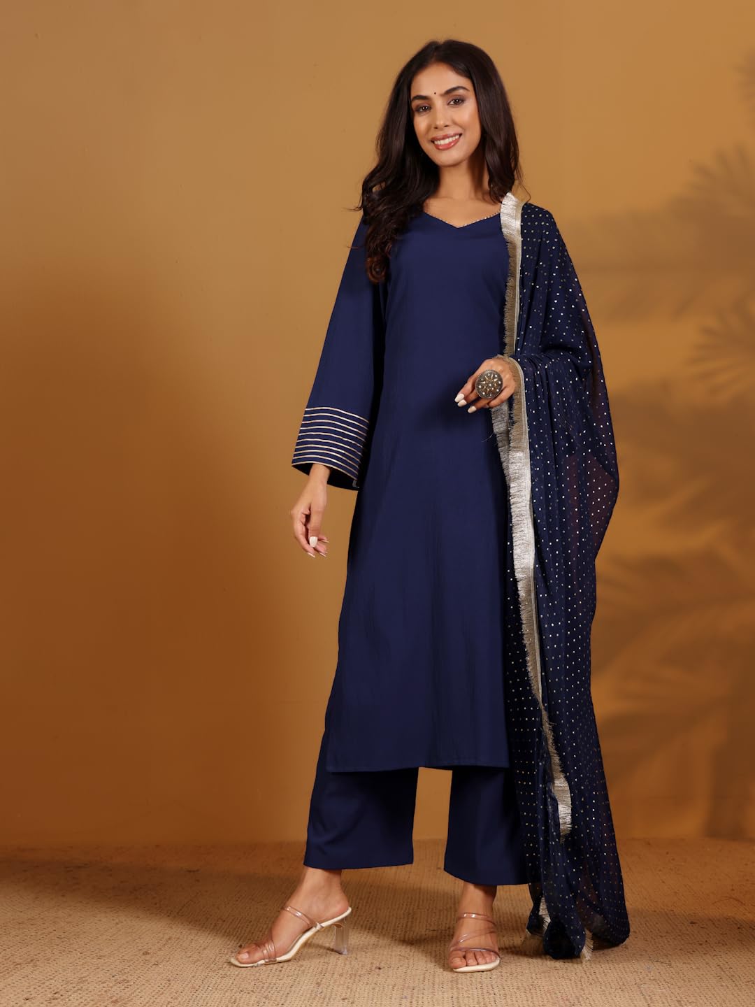 Varanga Solid V-Neck Gota Embellished Straight Kurta Paired With Tonal Bottom And Dupatta Navy Blue