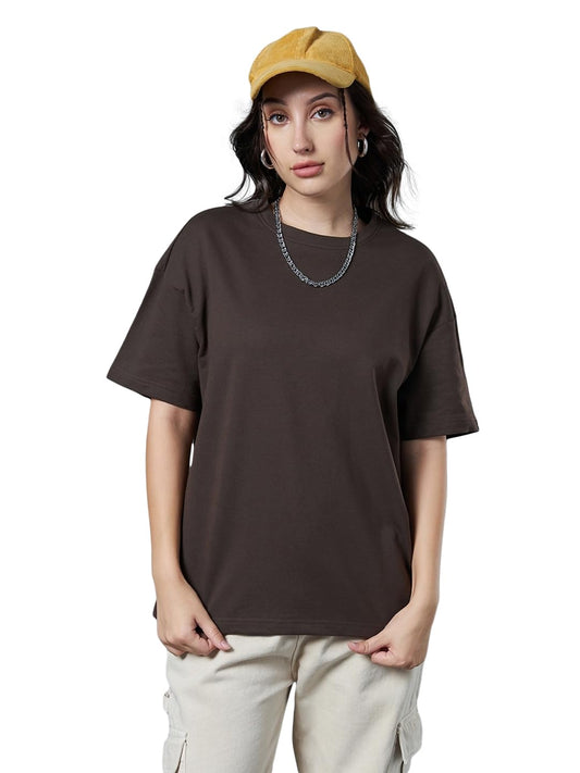 Bewakoof WomenS Solid Oversized Fit Half Sleeve Round Neck Cotton Blend T-Shirt_624946_Brown_M