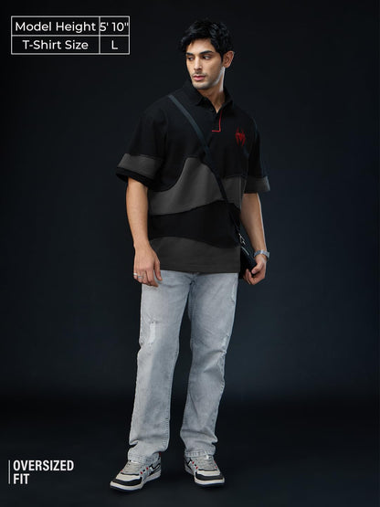 The Souled Store Spider-Man: Miles Morales Men and Boys Short Sleeves Collared Neck Button Front Black Embroidered Cotton Oversi