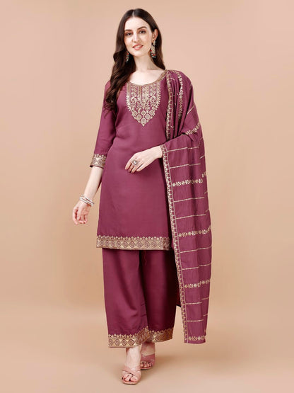 Pratham Blue Women's Chanderi Silk Embroidered Straight Kurta with Palazzos and Dupatta