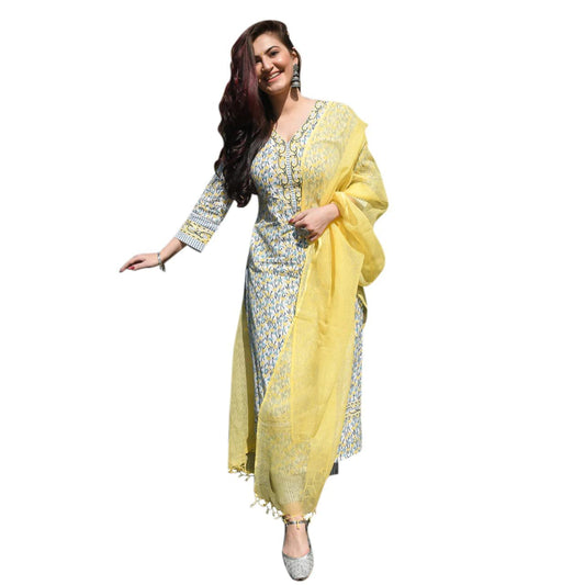 GoSriKi Women's Cotton Blend Straight Kurta with Pant & Dupatta (MURHAR_New-GO)
