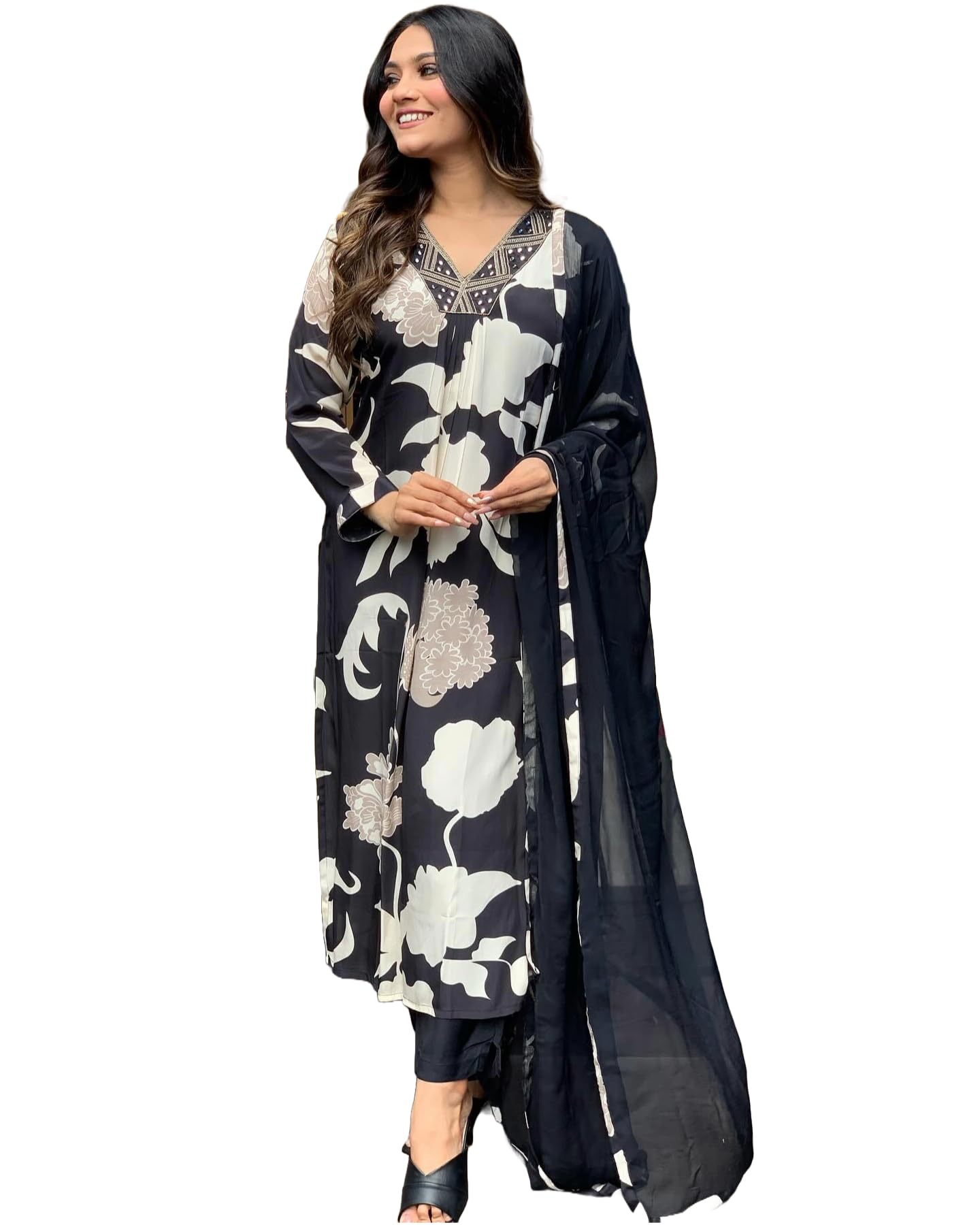 ANNI DESIGNER Womens Rayon Blend Straight Fit Printed Kurta with Pant & Dupatta (KALAL Black_M_Black_Medium)