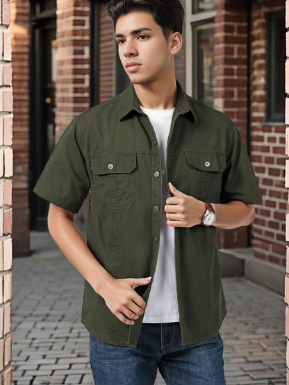 SMOWKLY Mens Casual Solid Printed Cotton Regular Fit Shirt || Half Sleeve, Button Down, Double Front Pocket || Denim Jacket Sty