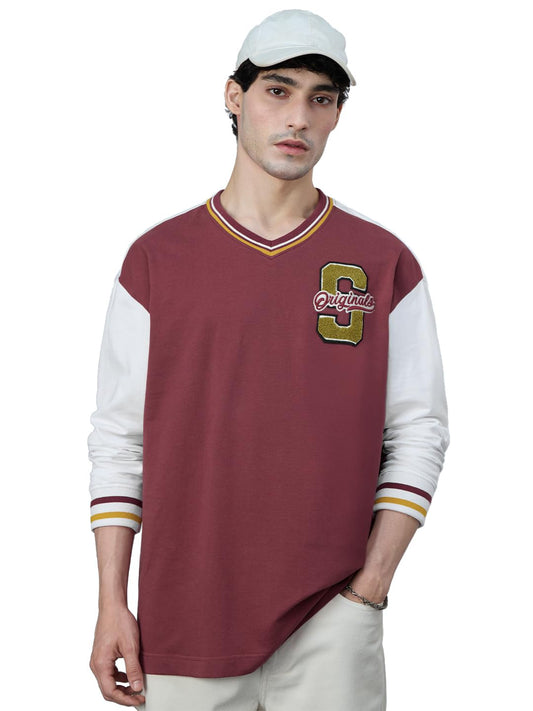 The Souled Store Originals: Scarlet Men and Boys Full Sleeves V Neck Maroon Embroidered Cotton Oversized T-Shirts