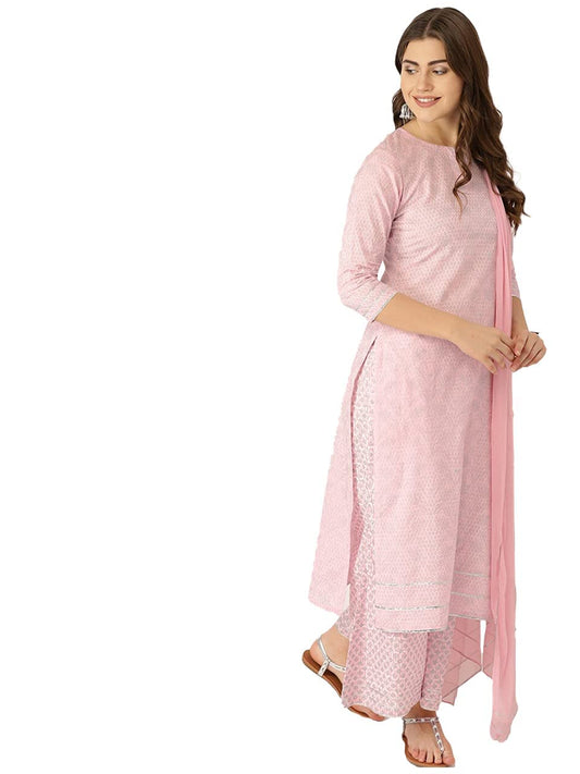 GoSriKi Women's Cotton Blend Straight Printed Kurta with Palazzos & Dupatta (Shopping-Pink-Go-1)