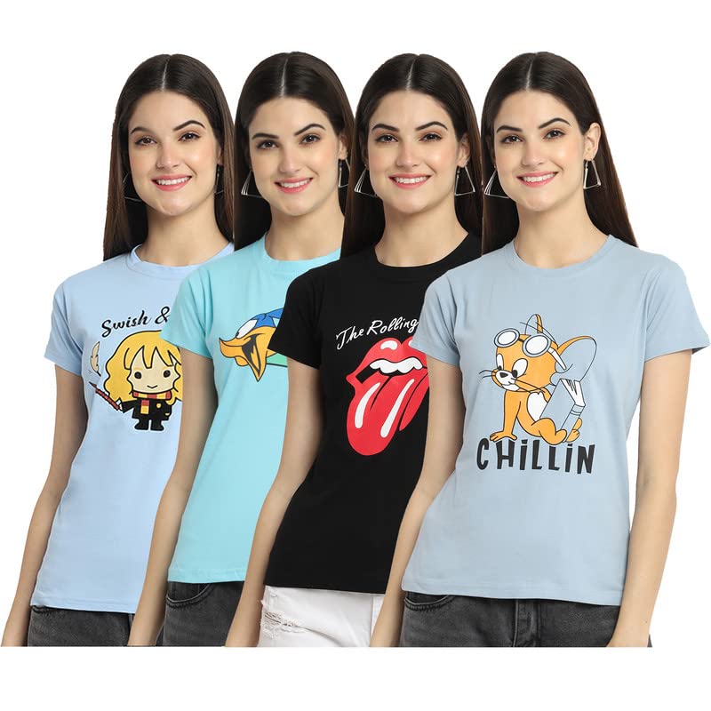 Preneum Womens Cotton Regular Fit Latest Graphic Stylish Printed Short Sleeves Casual T-Shirt || Trendy & Latest Style (Pack 4)