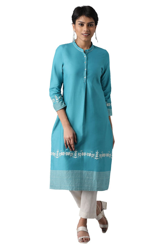 W Women Teal Floral Print Cotton Straight Kurta