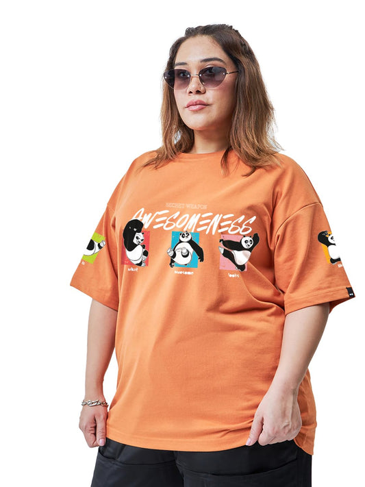 Bewakoof Heavy Duty 1.0 Official Kung Fu Panda Merchandise WomenS Graphic Print Oversized Fit Half Sleeve Round Neck Cotton Ter