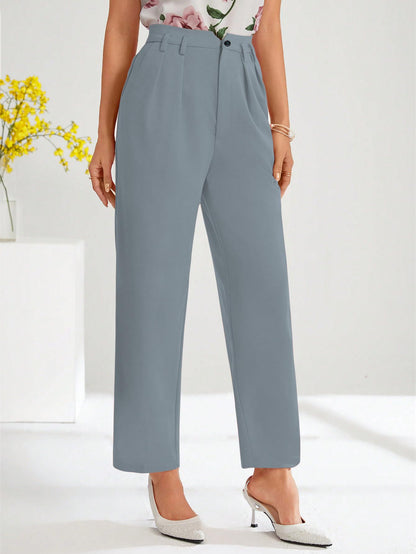 Shasmi Womens Sky Blue High Waist Pleated Straight Leg Trousers  Elegant Solid Color Work Pants with Pockets, Casual Office Wear