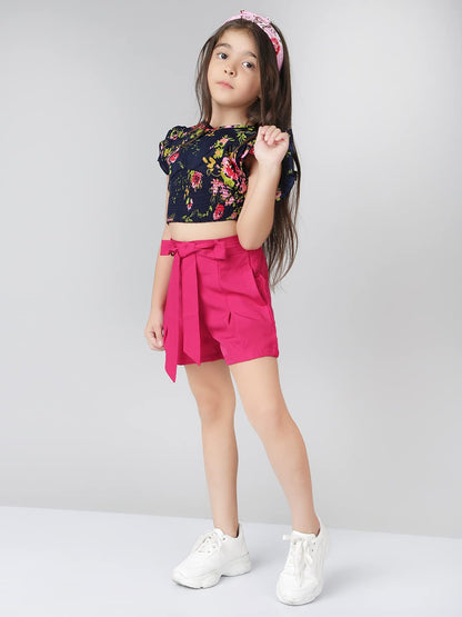 Naughty Ninos Girls Navy Blue Floral Printed Top With Maroon Shorts(Nn00681Drs_Navy Blue_14-15 Years)