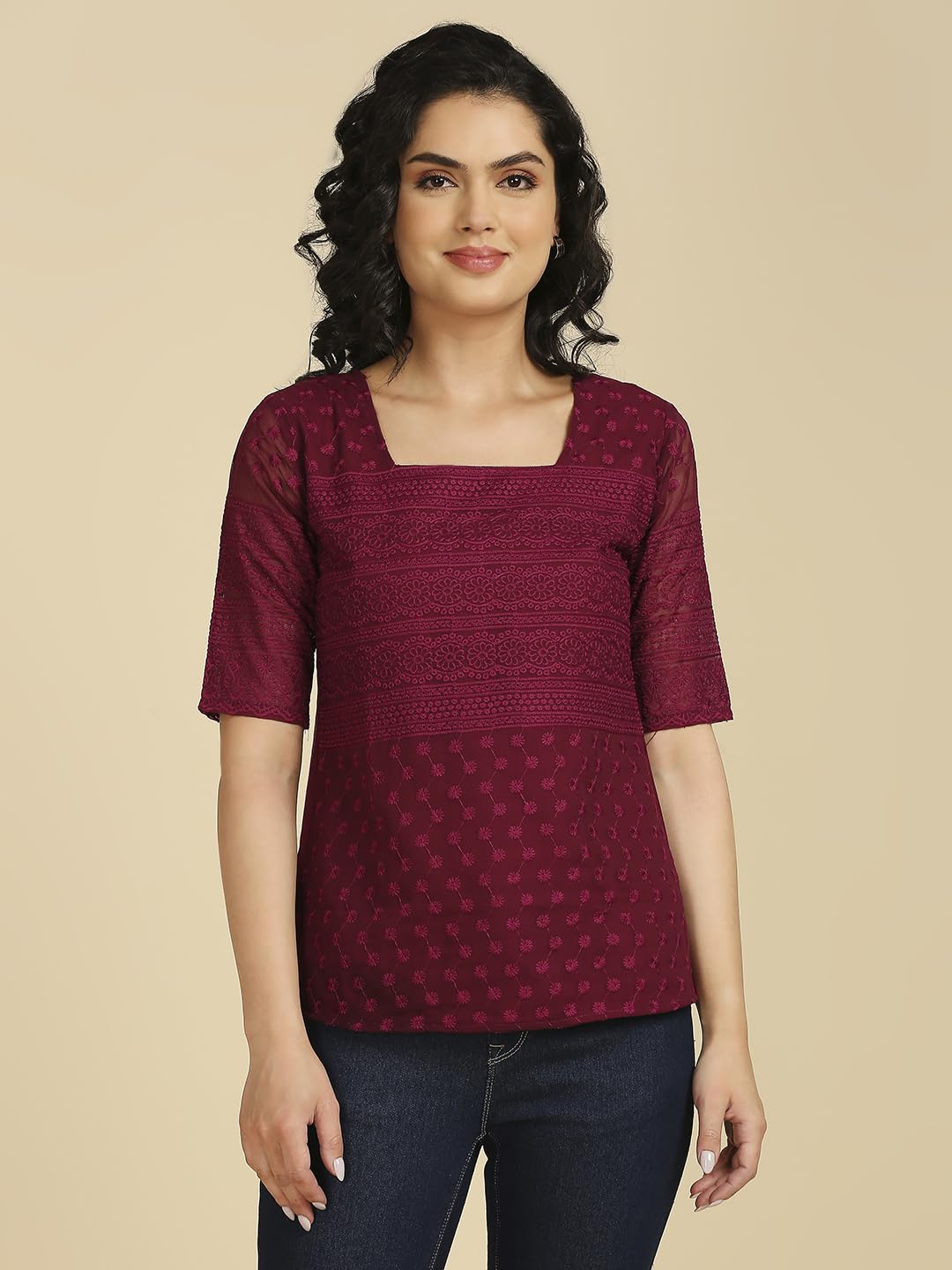 Gufrina WomenS Georgette Top With 3/4Th Sleeves Square Neck Embroidery Work Solid Pattern Regular Fit And Standard Length