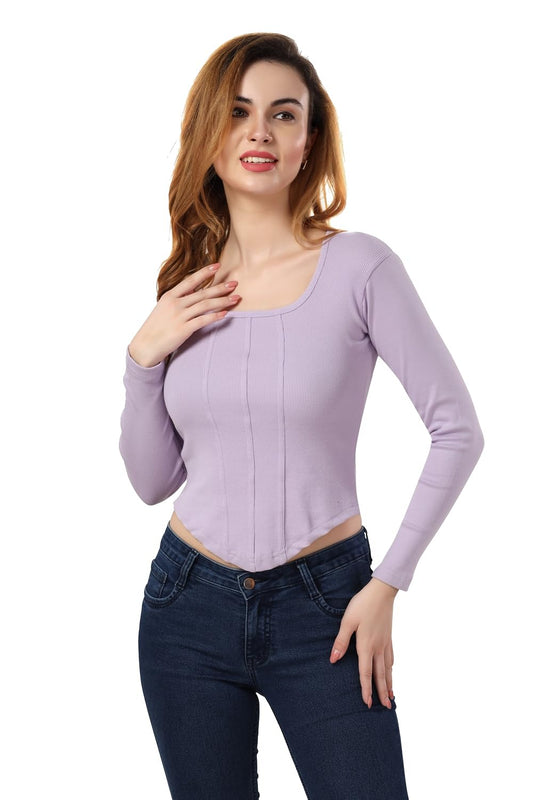 Fabme WomenS Full Sleeves, Square Neck Stylish Rib Crop Top - Lavender
