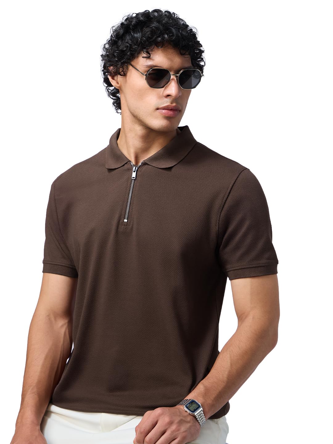 The Souled Store Popcorn: Dark Mocha Men and Boys Short Sleeves Collared Neck Solid Cotton Blend Regular Fit Zipper Polos