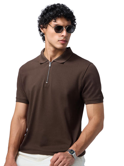 The Souled Store Popcorn: Dark Mocha Men and Boys Short Sleeves Collared Neck Solid Cotton Blend Regular Fit Zipper Polos