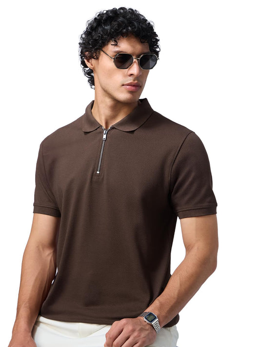 The Souled Store Popcorn: Dark Mocha Men and Boys Short Sleeves Collared Neck Solid Cotton Blend Regular Fit Zipper Polos