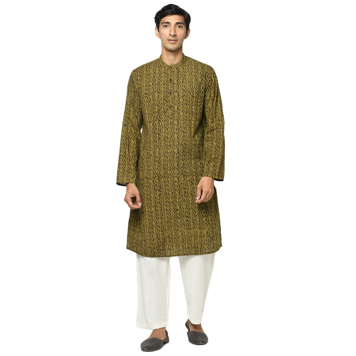 Fabindia Men Printed Slim Fit Kurta Cotton_Xs Brown