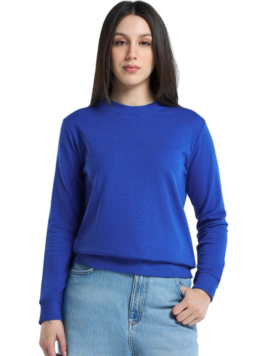 Bewakoof WomenS Solid Regular Fit Full Sleeve Round Neck Polycotton Sweatshirt_640979_Blue_S