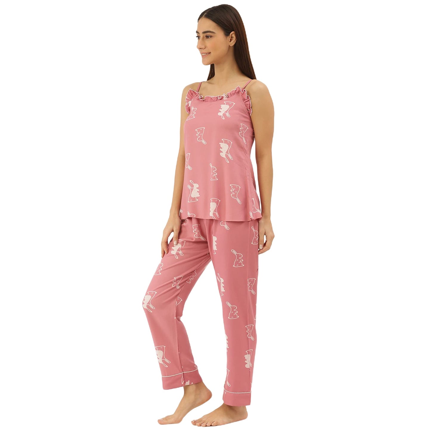 Sweet Dreams Women Printed Rayon 3 Piece Pyjama Set Pink