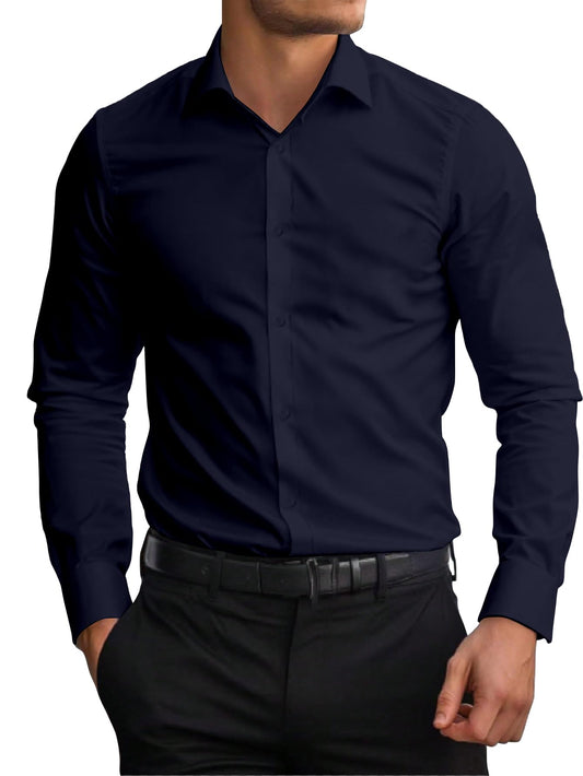 AVANOVA Mens Navy Blue Long Sleeve, Slim Fit Button Down Dress Shirt for Men | Casual Office Wear | Formal Business Shirts | St