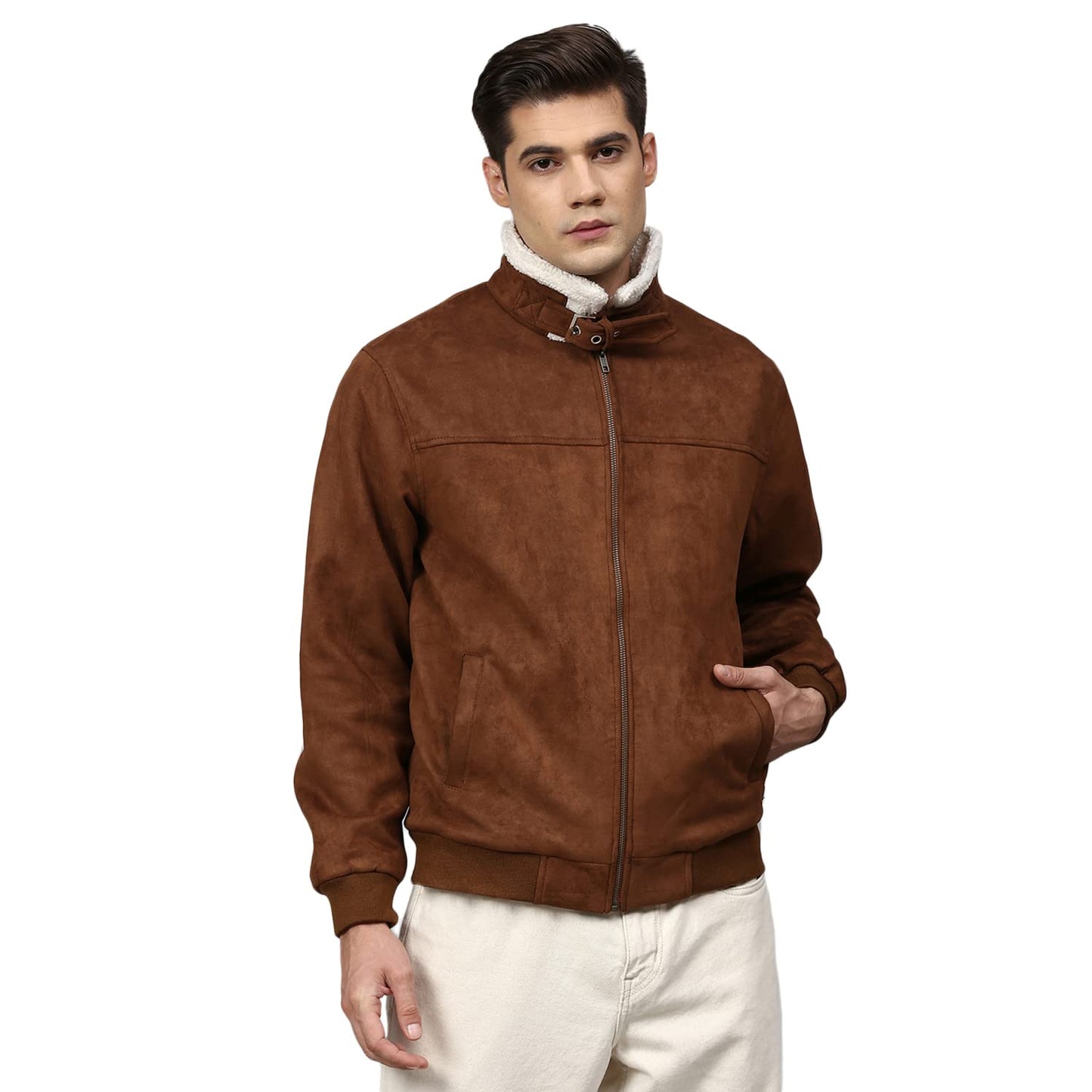 Campus Sutra Men Brown Suede Windcheater Outdoor Bomber Jacket