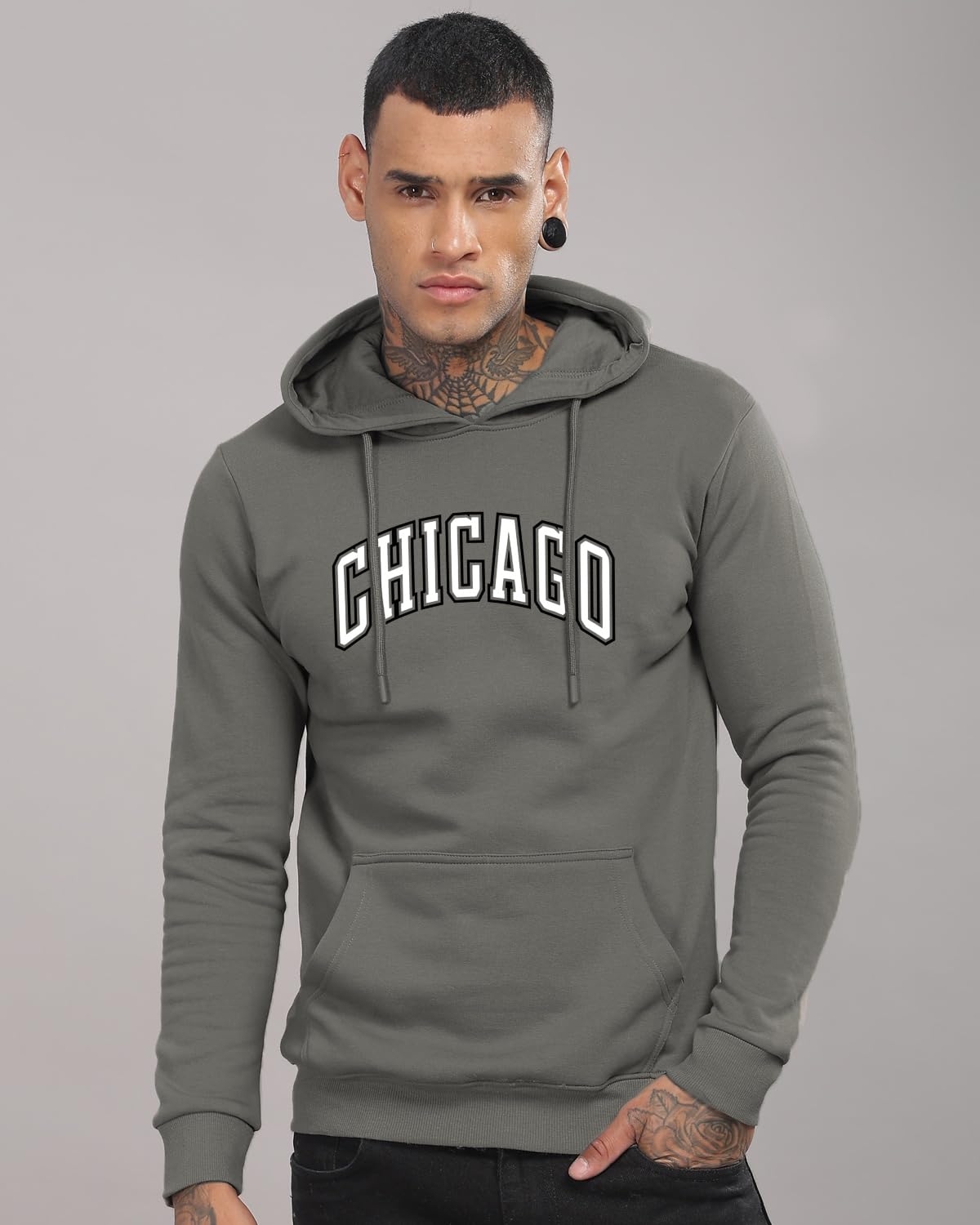 ADRO Men's Cotton Neck Hooded Sweatshirt (H24-CAGO-SG_Steel Grey