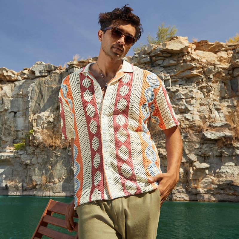 Campus Sutra Mens Tangerine Orange & Crimson Red Geometric Block Oversized Shirt for Casual Wear | Spread Collar | Short Sleeve