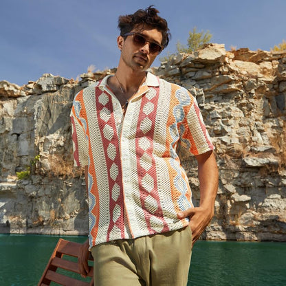 Campus Sutra Mens Tangerine Orange & Crimson Red Geometric Block Oversized Shirt for Casual Wear | Spread Collar | Short Sleeve
