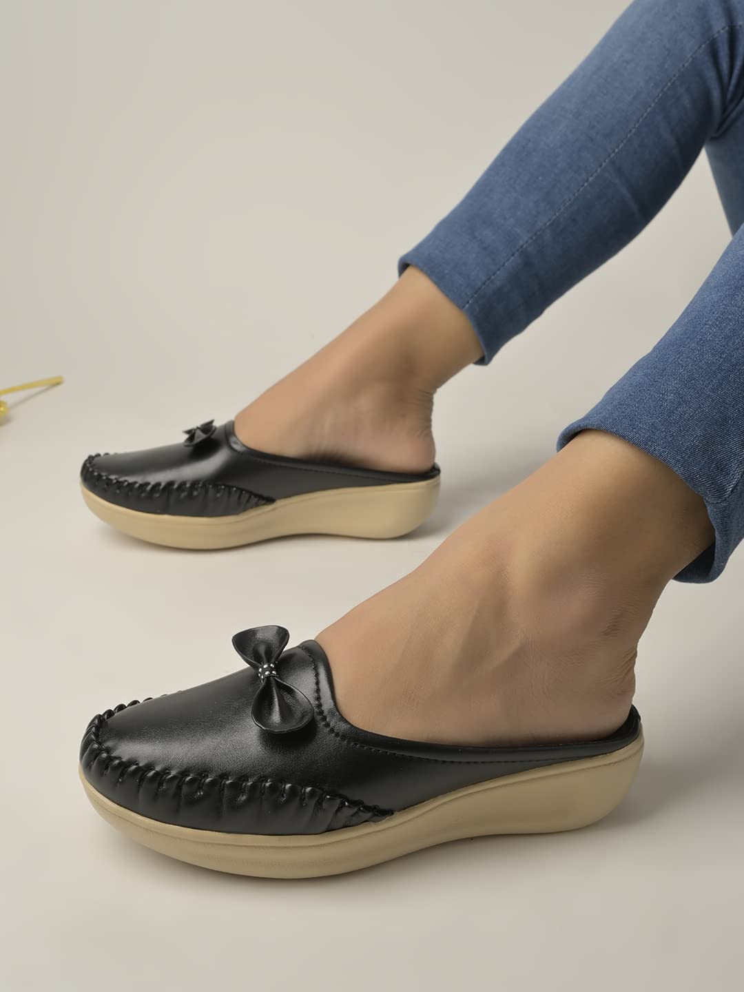 Shoetopia Upper Bow Detailed Black Slip-On Loafers for Women & Girls