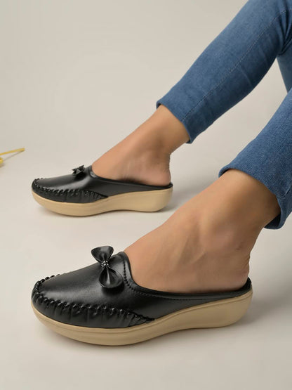 Shoetopia Upper Bow Detailed Black Slip-On Loafers for Women & Girls