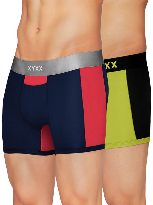 XYXX Mens Underwear Dualist IntelliSoft Antimicrobial Micro Modal Trunk Pack of 2 (Lime Punch & Black ; Black Iris & Tango Red;