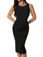 Toochki Solid Round Neck Below Knee Length Stylish Western Bodycon Dress for Women || Body con Black