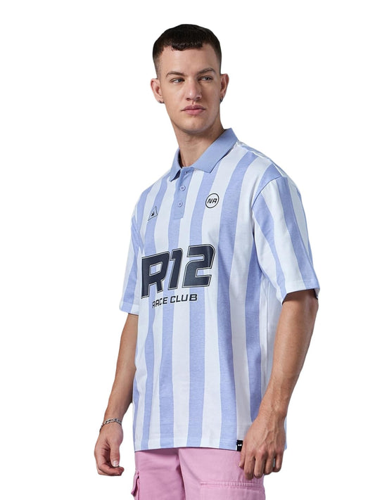 Bewakoof Men Striped Oversized Fit Half Sleeve Polo Cotton T-Shirt_617090_White_M