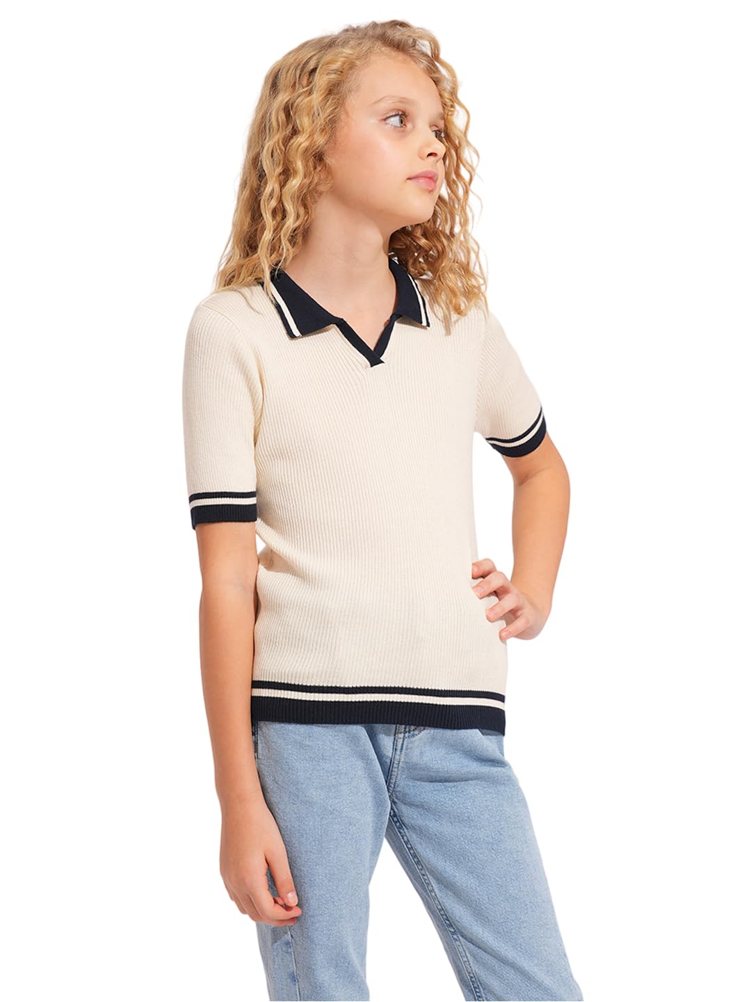 Vero Moda Girls White Ribbed Polo Top