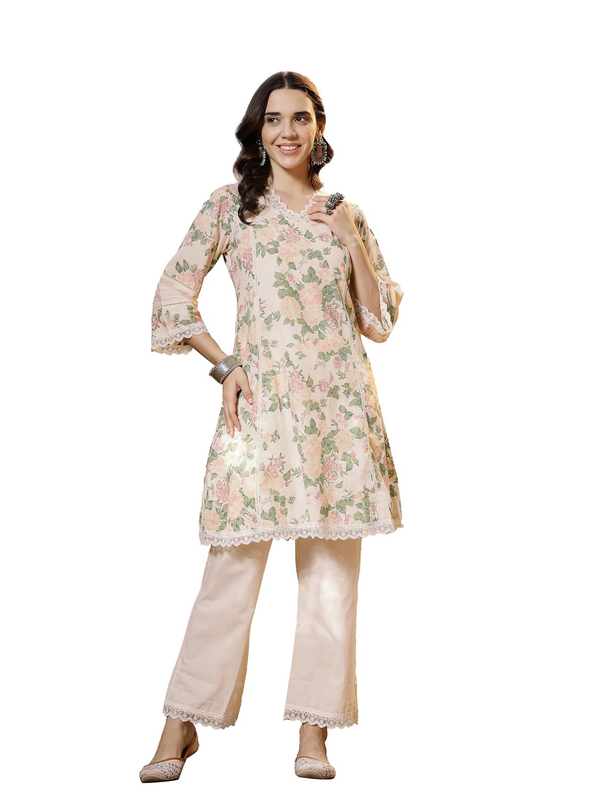 Stylum Womens Floral Printed Cotton Kurti Pant Set