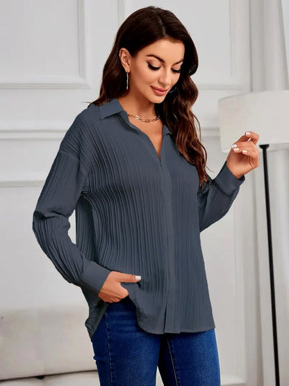 CB-COLEBROOK Womens Textured Loose Fit Button Down Shirt (WO-1035_Grey
