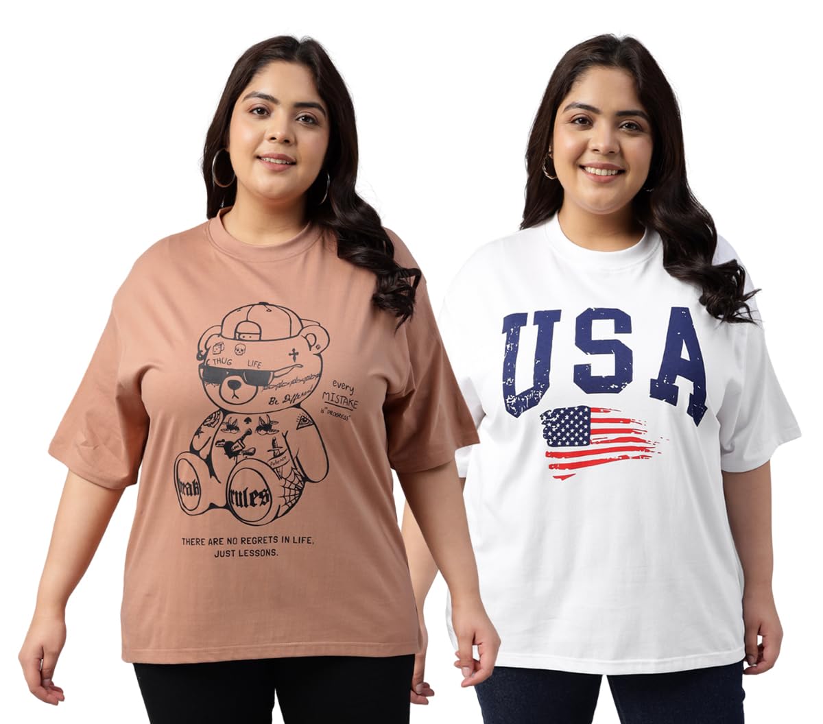 Juneberry 100% Pure Cotton Oversized Loose Baggy Fit Drop Shoulder Graphic Printed Plus Size T-Shirt Combo For Women (Pack Of 2)