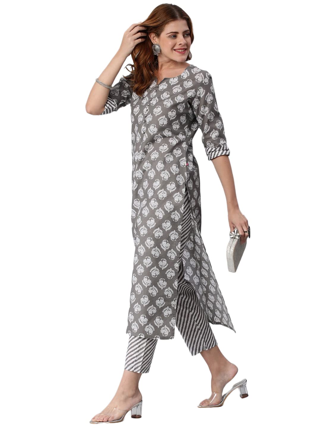 GoSriKi Women's Cotton Blend Printed Straight Kurta with Pant (Funnu Brown-Nw5-GS)