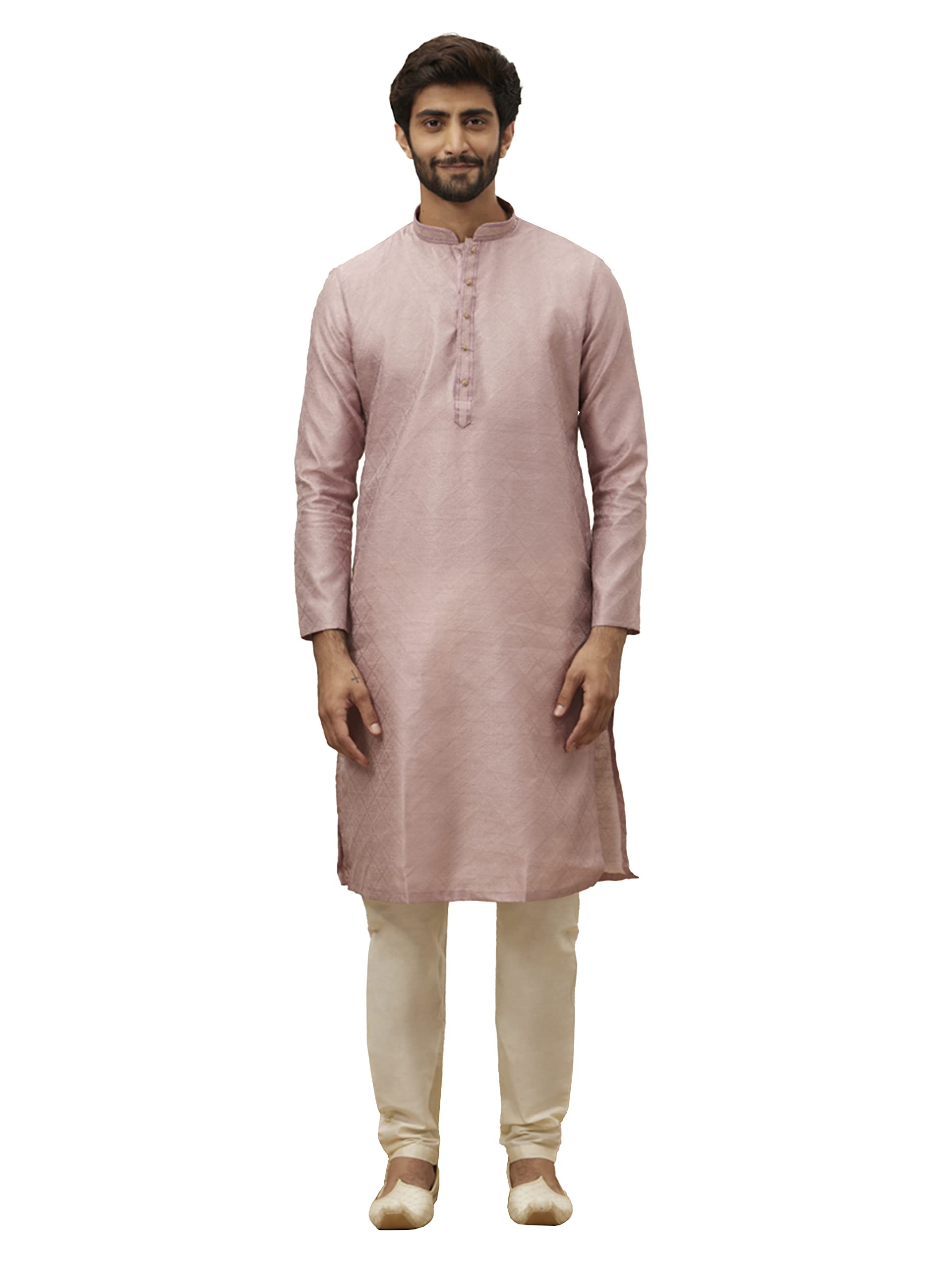 Manyavar Kurta Set For Men, Full Sleeves Mandarin Collar Ethnic Kurta & Payjama Set Art Silk All Over Self Design Set (Dusty Pin