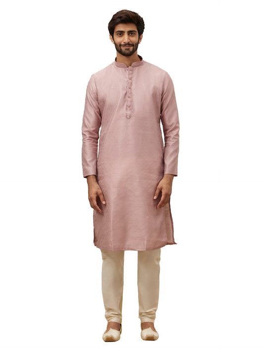Manyavar Kurta Set For Men, Full Sleeves Mandarin Collar Ethnic Kurta & Payjama Set Art Silk All Over Self Design Set (Dusty Pin
